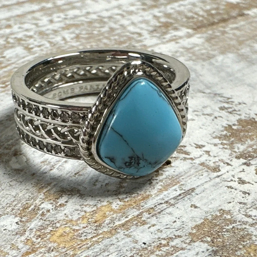 Bomb Party Farmhouse Chic Turquoise Pear Ring Silver Tone Braided Band Size 6.25